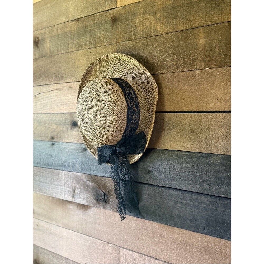 Vintage Straw Sun Hat With Black Lace Ribbon Cottagecore Wide Brim Hat